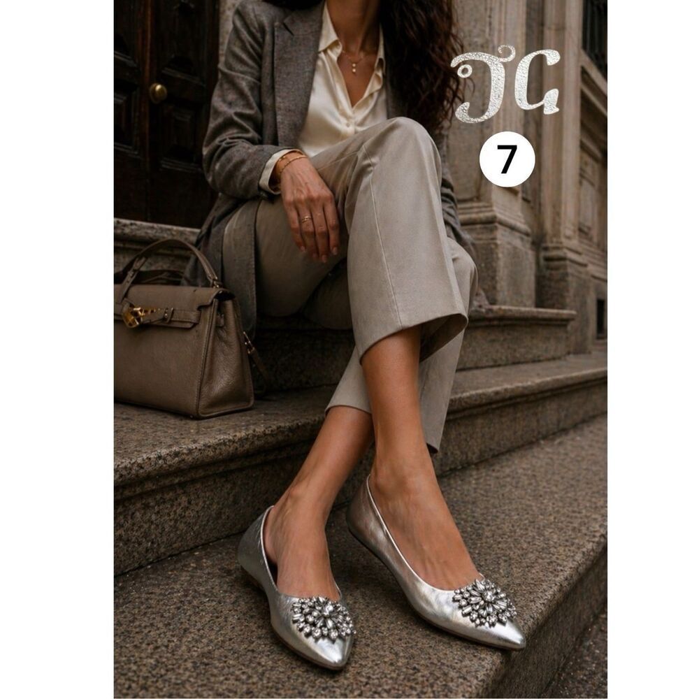 TG Women's Embellished Rhinestones Pointed Slip-On Ballet Flats Silver Size 7